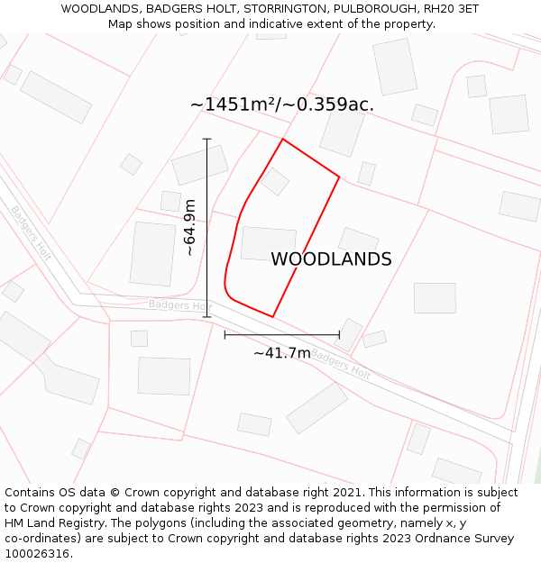 WOODLANDS, BADGERS HOLT, STORRINGTON, PULBOROUGH, RH20 3ET: Plot and title map