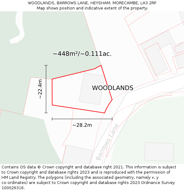 WOODLANDS, BARROWS LANE, HEYSHAM, MORECAMBE, LA3 2RP: Plot and title map