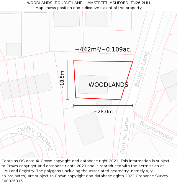 WOODLANDS, BOURNE LANE, HAMSTREET, ASHFORD, TN26 2HH: Plot and title map