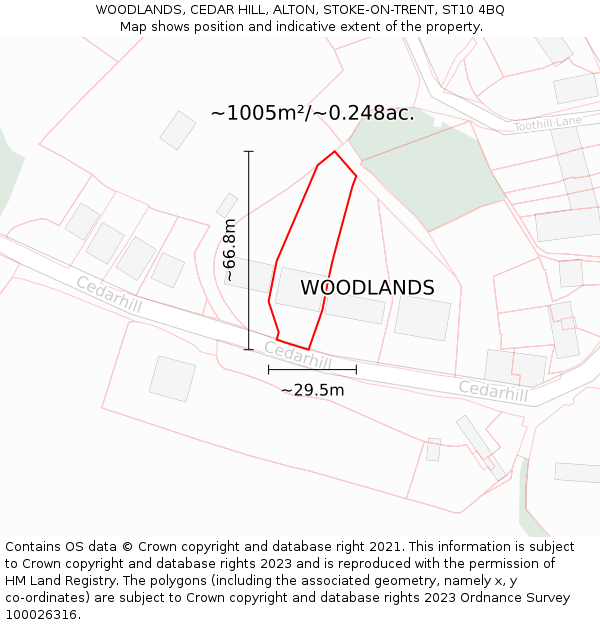 WOODLANDS, CEDAR HILL, ALTON, STOKE-ON-TRENT, ST10 4BQ: Plot and title map