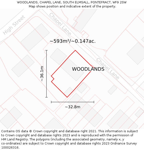 WOODLANDS, CHAPEL LANE, SOUTH ELMSALL, PONTEFRACT, WF9 2SW: Plot and title map