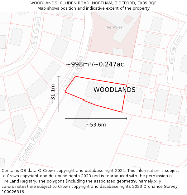 WOODLANDS, CLUDEN ROAD, NORTHAM, BIDEFORD, EX39 3QF: Plot and title map