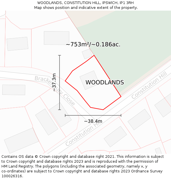 WOODLANDS, CONSTITUTION HILL, IPSWICH, IP1 3RH: Plot and title map