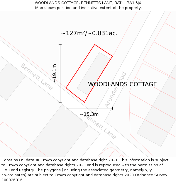 WOODLANDS COTTAGE, BENNETTS LANE, BATH, BA1 5JX: Plot and title map