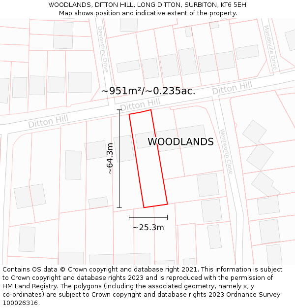 WOODLANDS, DITTON HILL, LONG DITTON, SURBITON, KT6 5EH: Plot and title map