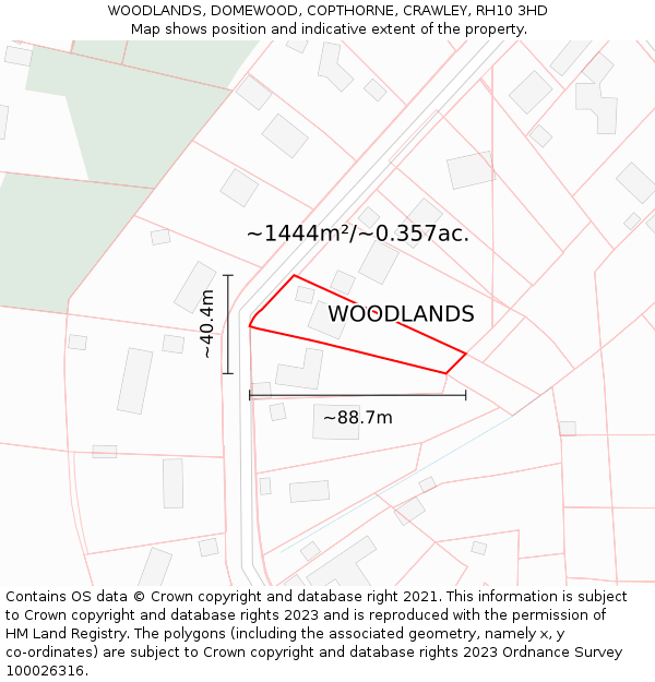 WOODLANDS, DOMEWOOD, COPTHORNE, CRAWLEY, RH10 3HD: Plot and title map