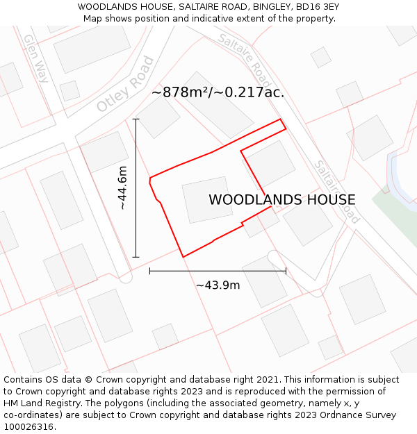 WOODLANDS HOUSE, SALTAIRE ROAD, BINGLEY, BD16 3EY: Plot and title map