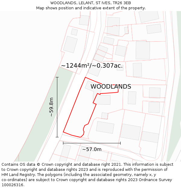 WOODLANDS, LELANT, ST IVES, TR26 3EB: Plot and title map