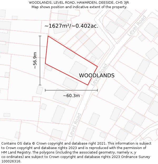 WOODLANDS, LEVEL ROAD, HAWARDEN, DEESIDE, CH5 3JR: Plot and title map