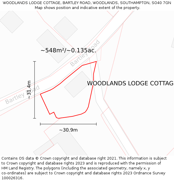 WOODLANDS LODGE COTTAGE, BARTLEY ROAD, WOODLANDS, SOUTHAMPTON, SO40 7GN: Plot and title map