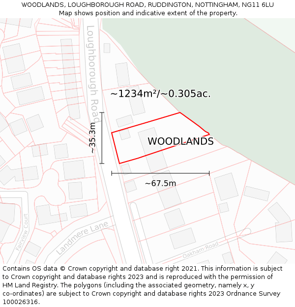 WOODLANDS, LOUGHBOROUGH ROAD, RUDDINGTON, NOTTINGHAM, NG11 6LU: Plot and title map