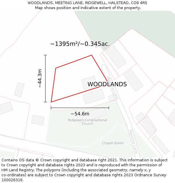 WOODLANDS, MEETING LANE, RIDGEWELL, HALSTEAD, CO9 4RS: Plot and title map