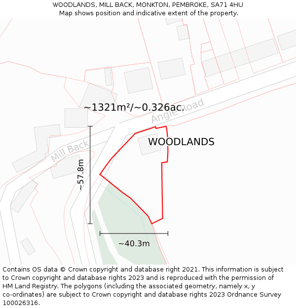 WOODLANDS, MILL BACK, MONKTON, PEMBROKE, SA71 4HU: Plot and title map