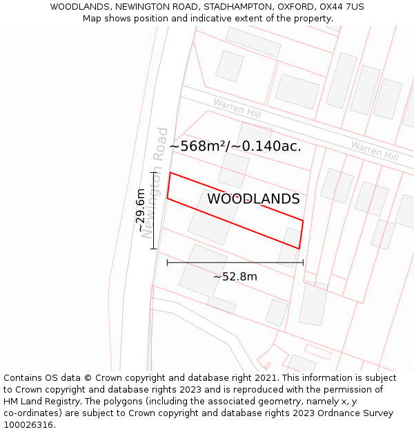 WOODLANDS, NEWINGTON ROAD, STADHAMPTON, OXFORD, OX44 7US: Plot and title map