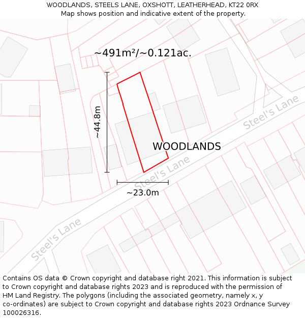 WOODLANDS, STEELS LANE, OXSHOTT, LEATHERHEAD, KT22 0RX: Plot and title map