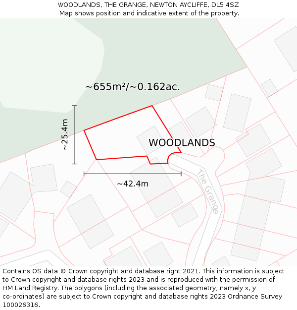 WOODLANDS, THE GRANGE, NEWTON AYCLIFFE, DL5 4SZ: Plot and title map