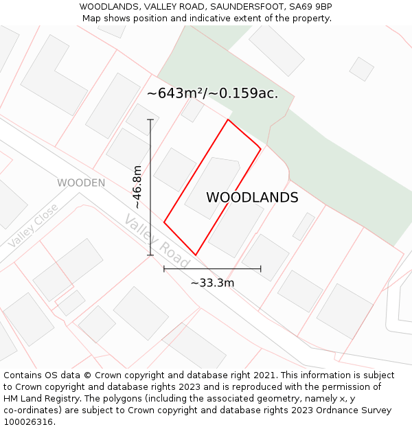 WOODLANDS, VALLEY ROAD, SAUNDERSFOOT, SA69 9BP: Plot and title map