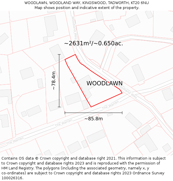 WOODLAWN, WOODLAND WAY, KINGSWOOD, TADWORTH, KT20 6NU: Plot and title map