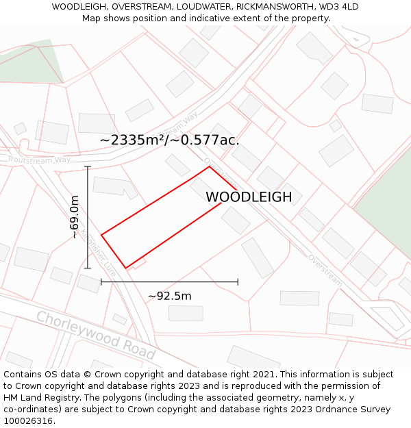 WOODLEIGH, OVERSTREAM, LOUDWATER, RICKMANSWORTH, WD3 4LD: Plot and title map