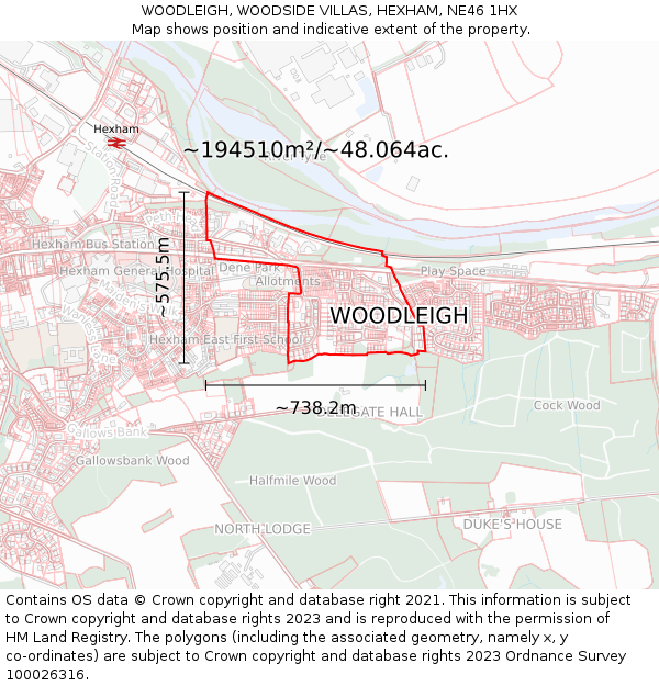 WOODLEIGH, WOODSIDE VILLAS, HEXHAM, NE46 1HX: Plot and title map