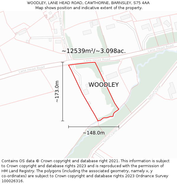 WOODLEY, LANE HEAD ROAD, CAWTHORNE, BARNSLEY, S75 4AA: Plot and title map