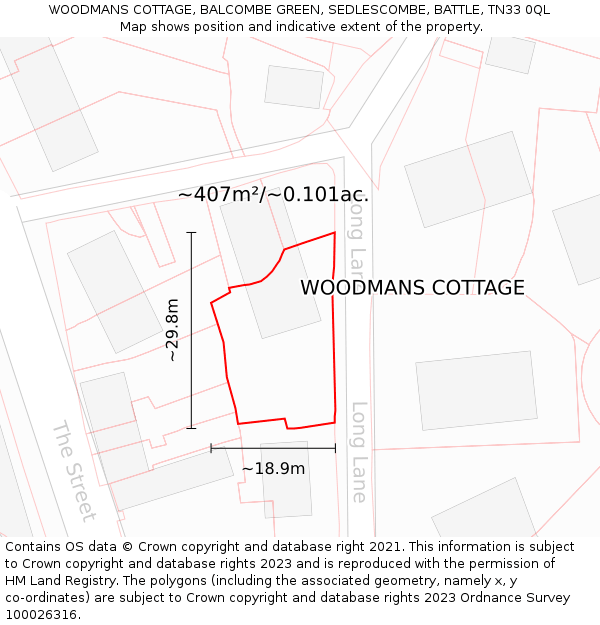 WOODMANS COTTAGE, BALCOMBE GREEN, SEDLESCOMBE, BATTLE, TN33 0QL: Plot and title map