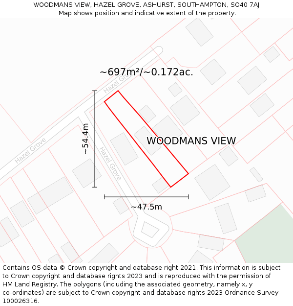 WOODMANS VIEW, HAZEL GROVE, ASHURST, SOUTHAMPTON, SO40 7AJ: Plot and title map