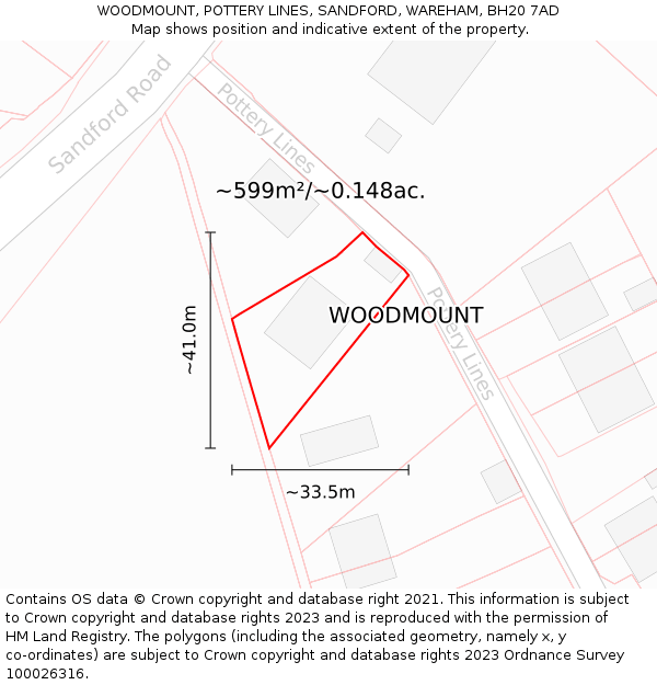 WOODMOUNT, POTTERY LINES, SANDFORD, WAREHAM, BH20 7AD: Plot and title map