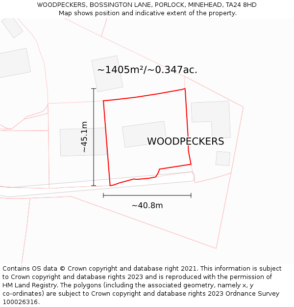 WOODPECKERS, BOSSINGTON LANE, PORLOCK, MINEHEAD, TA24 8HD: Plot and title map