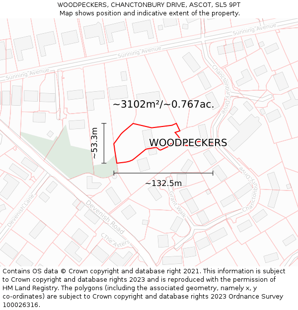 WOODPECKERS, CHANCTONBURY DRIVE, ASCOT, SL5 9PT: Plot and title map