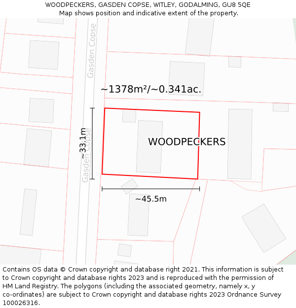 WOODPECKERS, GASDEN COPSE, WITLEY, GODALMING, GU8 5QE: Plot and title map