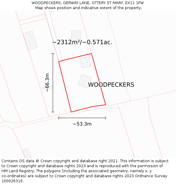 WOODPECKERS, GERWAY LANE, OTTERY ST MARY, EX11 1PW: Plot and title map