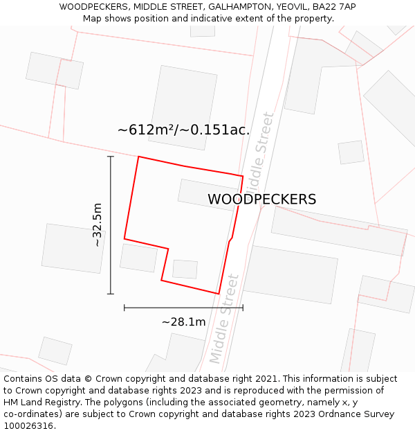 WOODPECKERS, MIDDLE STREET, GALHAMPTON, YEOVIL, BA22 7AP: Plot and title map