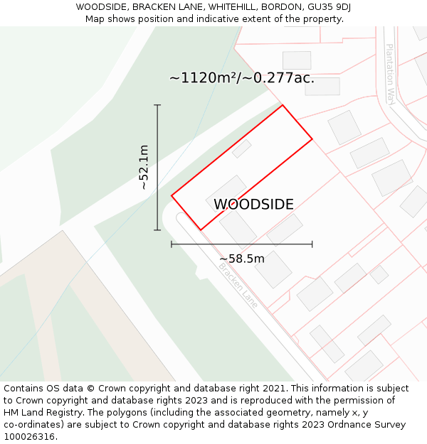 WOODSIDE, BRACKEN LANE, WHITEHILL, BORDON, GU35 9DJ: Plot and title map