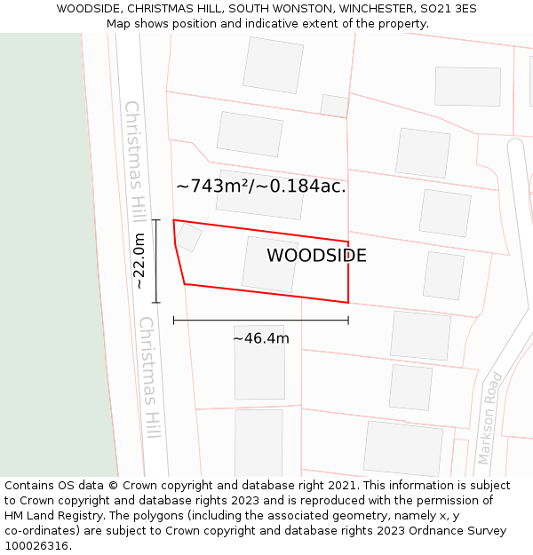 WOODSIDE, CHRISTMAS HILL, SOUTH WONSTON, WINCHESTER, SO21 3ES: Plot and title map