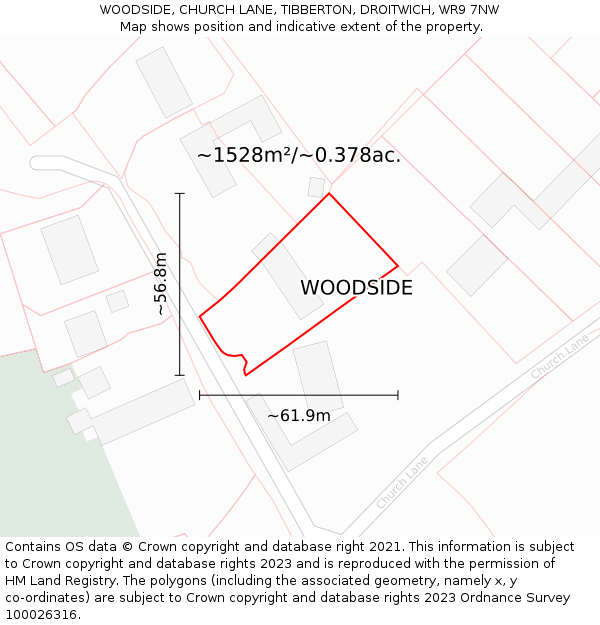 WOODSIDE, CHURCH LANE, TIBBERTON, DROITWICH, WR9 7NW: Plot and title map