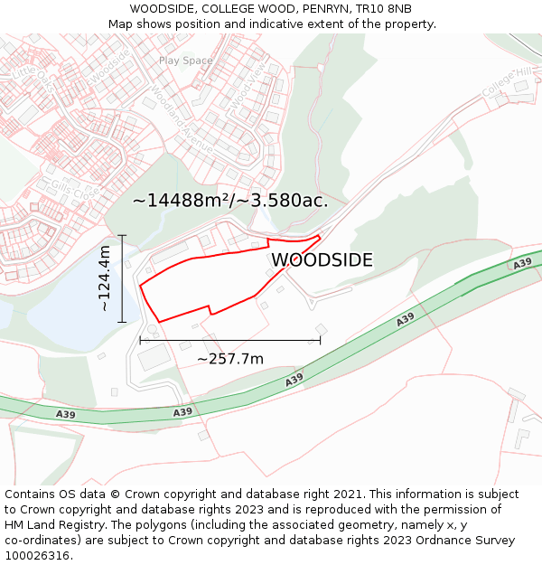 WOODSIDE, COLLEGE WOOD, PENRYN, TR10 8NB: Plot and title map