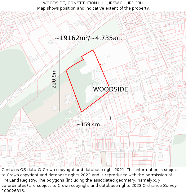 WOODSIDE, CONSTITUTION HILL, IPSWICH, IP1 3RH: Plot and title map