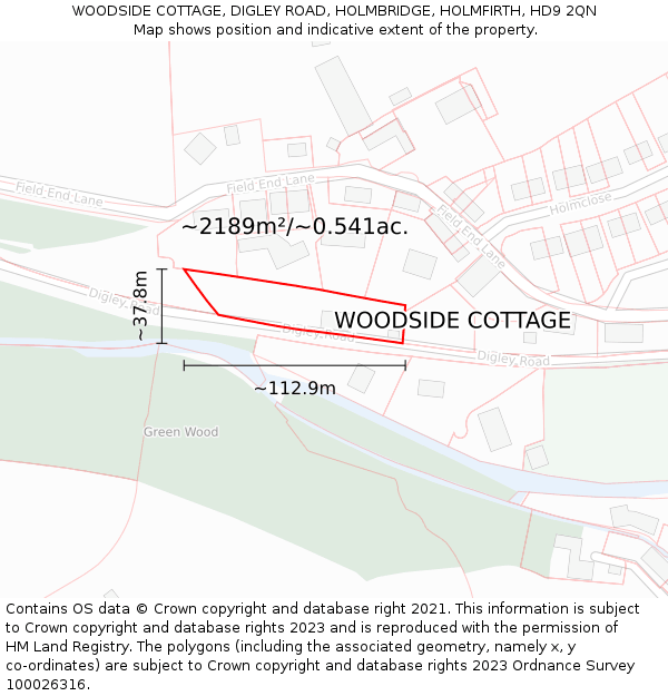 WOODSIDE COTTAGE, DIGLEY ROAD, HOLMBRIDGE, HOLMFIRTH, HD9 2QN: Plot and title map