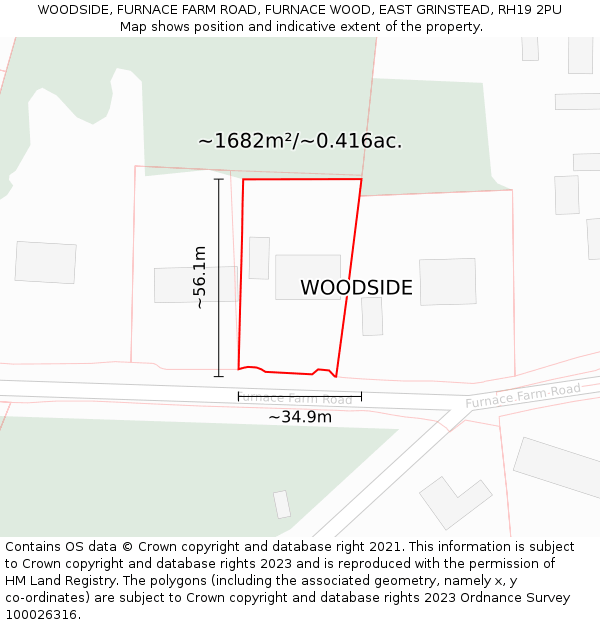 WOODSIDE, FURNACE FARM ROAD, FURNACE WOOD, EAST GRINSTEAD, RH19 2PU: Plot and title map