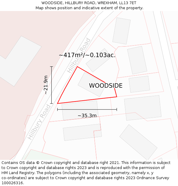 WOODSIDE, HILLBURY ROAD, WREXHAM, LL13 7ET: Plot and title map