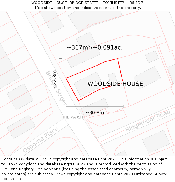 WOODSIDE HOUSE, BRIDGE STREET, LEOMINSTER, HR6 8DZ: Plot and title map