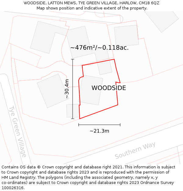 WOODSIDE, LATTON MEWS, TYE GREEN VILLAGE, HARLOW, CM18 6QZ: Plot and title map