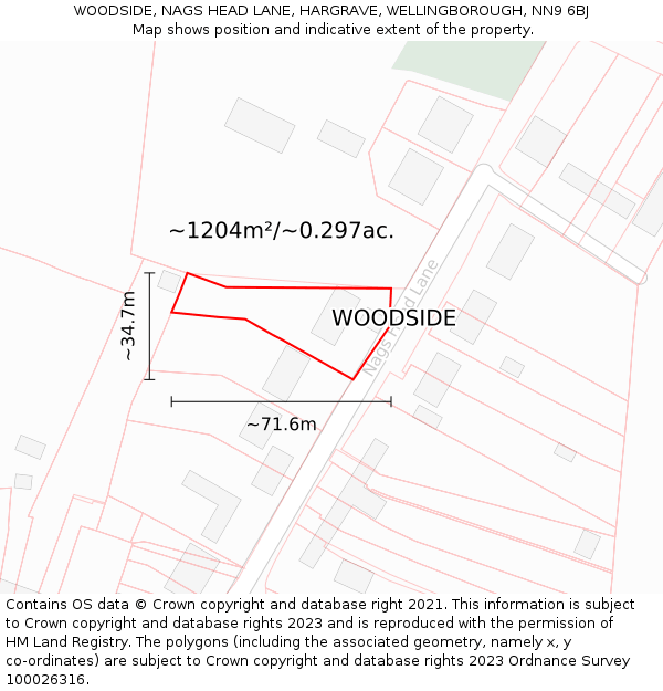 WOODSIDE, NAGS HEAD LANE, HARGRAVE, WELLINGBOROUGH, NN9 6BJ: Plot and title map