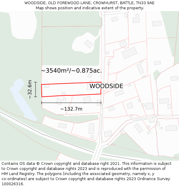 WOODSIDE, OLD FOREWOOD LANE, CROWHURST, BATTLE, TN33 9AE: Plot and title map