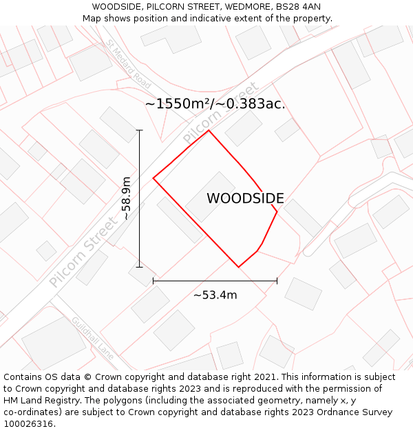 WOODSIDE, PILCORN STREET, WEDMORE, BS28 4AN: Plot and title map