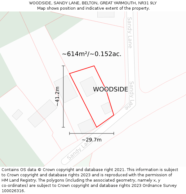 WOODSIDE, SANDY LANE, BELTON, GREAT YARMOUTH, NR31 9LY: Plot and title map