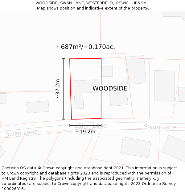 WOODSIDE, SWAN LANE, WESTERFIELD, IPSWICH, IP6 9AH: Plot and title map