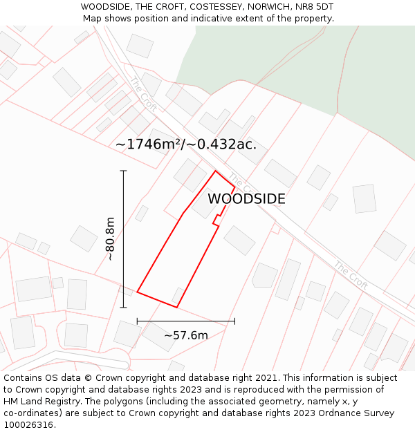 WOODSIDE, THE CROFT, COSTESSEY, NORWICH, NR8 5DT: Plot and title map