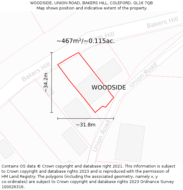 WOODSIDE, UNION ROAD, BAKERS HILL, COLEFORD, GL16 7QB: Plot and title map